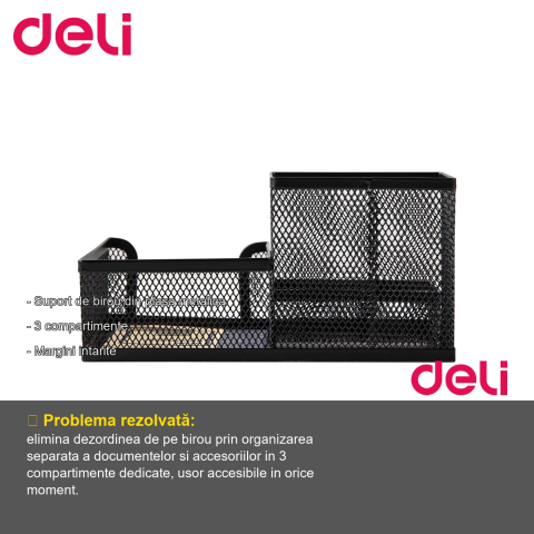 Suport de birou Deli cu 3 compartimente din plasa metalica, organizator documente si accesorii pentru birou [1]