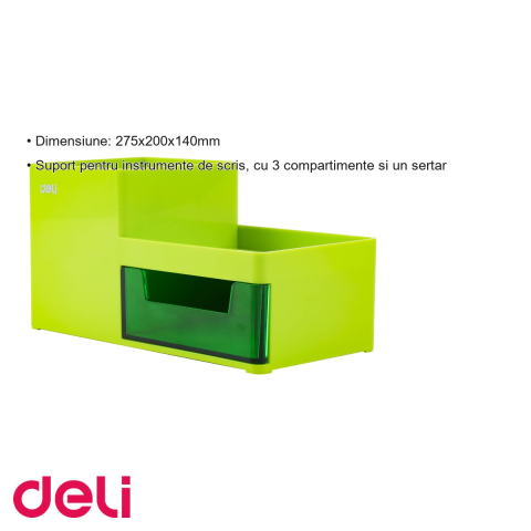 Suport de birou Deli cu 3 compartimente si sertar, organizator pentru instrumente de scris, verde [2]
