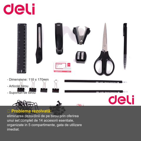 Suport de birou echipat Deli, 5 compartimente cu 14 accesorii incluse, organizare completa a biroului [1]
