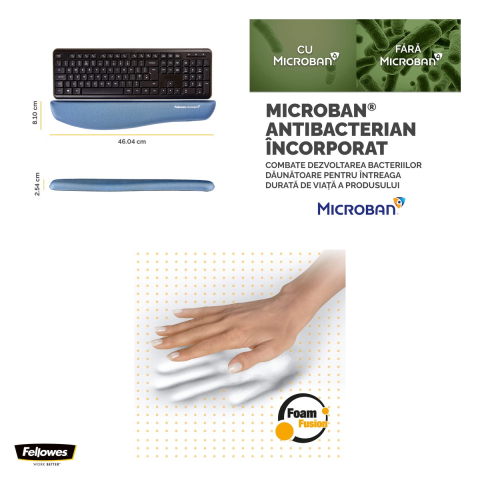 Suport de incheietura pentru tastatura Fellowes PlushTouch, antibacterian Microban, 8.1x46.04x2.54 cm, albastru [3]