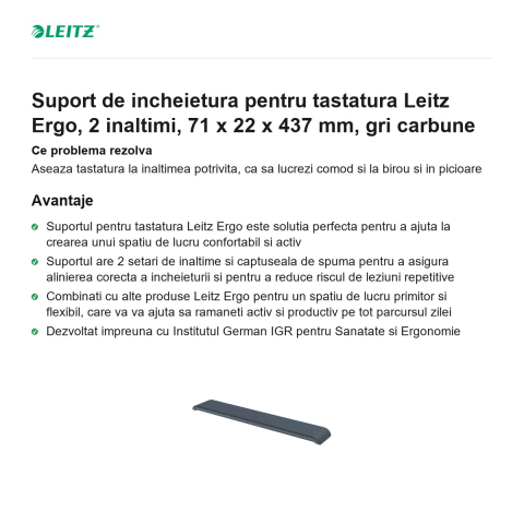 Suport de incheietura pentru tastatura Leitz Ergo, 2 inaltimi, 71 x 22 x 437 mm, gri carbune [1]