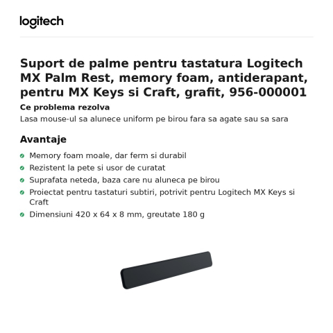 Suport de palme pentru tastatura Logitech MX Palm Rest, memory foam, antiderapant, pentru MX Keys si Craft, grafit, 956-000001 [1]