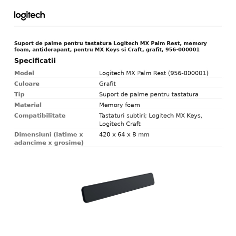 Suport de palme pentru tastatura Logitech MX Palm Rest, memory foam, antiderapant, pentru MX Keys si Craft, grafit, 956-000001 [2]