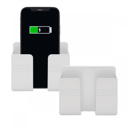 Suport de perete pentru smartphone si alte obiecte, prindere cu banda adeziva, 4 gauri de montare, organizare cabluri, din plastic alb [1]