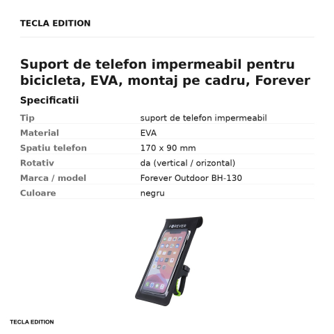 Suport de telefon impermeabil pentru bicicleta, EVA, montaj pe cadru, Forever Outdoor BH-130, negru [2]