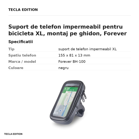Suport de telefon impermeabil pentru bicicleta XL, montaj pe ghidon, Forever BH-100, negru [2]