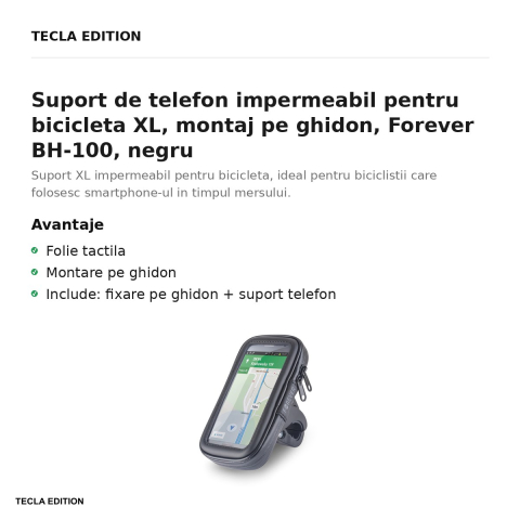 Suport de telefon impermeabil pentru bicicleta XL, montaj pe ghidon, Forever BH-100, negru [1]