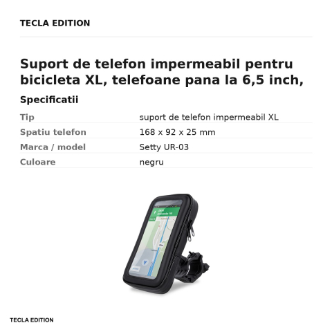 Suport de telefon impermeabil pentru bicicleta XL, telefoane pana la 6,5 inch, folie tactila, Setty UR-03, negru [2]