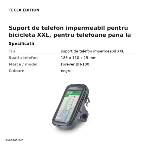 Suport de telefon impermeabil pentru bicicleta XXL, pentru telefoane pana la 6,5 inch, montaj pe ghidon, Forever BH-100, negru [2]