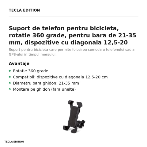 Suport de telefon pentru bicicleta, rotatie 360 grade, pentru bara de 21-35 mm, dispozitive cu diagonala 12,5-20 cm, Setty UR-01, negru [1]