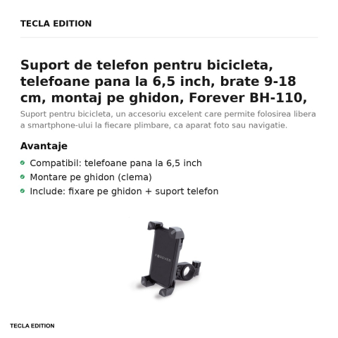 Suport de telefon pentru bicicleta, telefoane pana la 6,5 inch, brate 9-18 cm, montaj pe ghidon, Forever BH-110, negru [1]