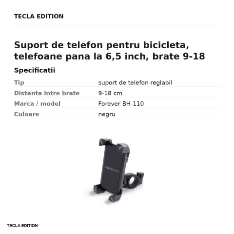 Suport de telefon pentru bicicleta, telefoane pana la 6,5 inch, brate 9-18 cm, montaj pe ghidon, Forever BH-110, negru [2]