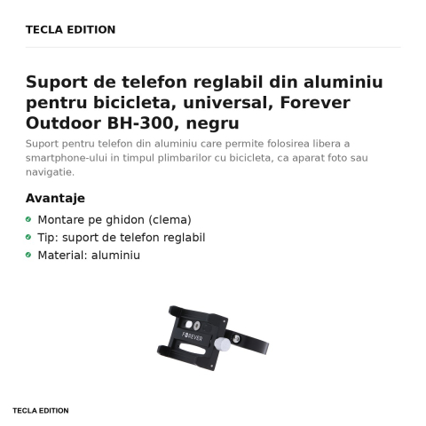Suport de telefon reglabil din aluminiu pentru bicicleta, universal, Forever Outdoor BH-300, negru [1]