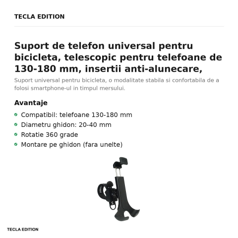 Suport de telefon universal pentru bicicleta, telescopic pentru telefoane de 130-180 mm, insertii anti-alunecare, Setty UR-04, negru [1]