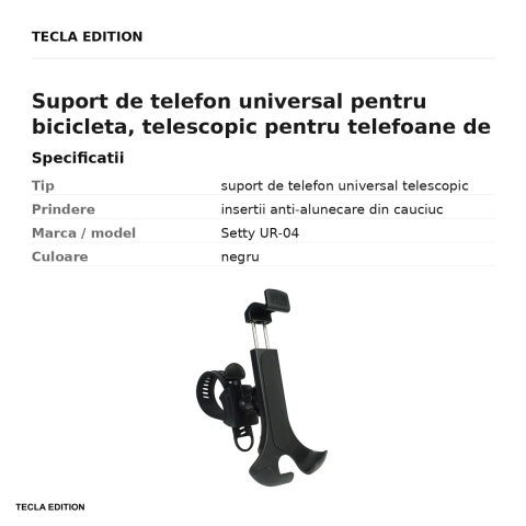 Suport de telefon universal pentru bicicleta, telescopic pentru telefoane de 130-180 mm, insertii anti-alunecare, Setty UR-04, negru [2]
