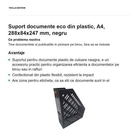 Suport documente eco din plastic, A4, 288x84x247 mm, negru [1]