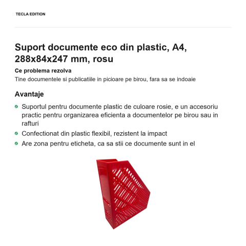 Suport documente eco din plastic, A4, 288x84x247 mm, rosu [1]