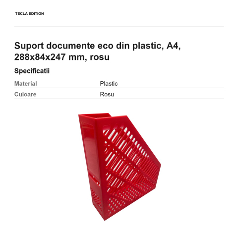 Suport documente eco din plastic, A4, 288x84x247 mm, rosu [2]