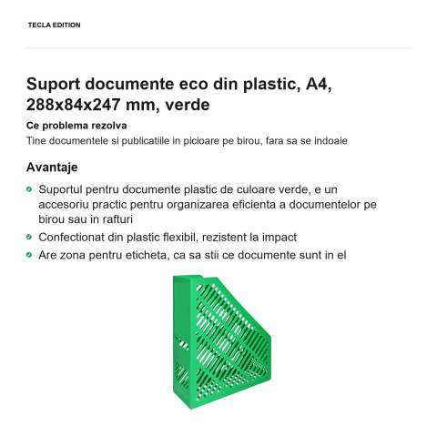 Suport documente eco din plastic, A4, 288x84x247 mm, verde [1]