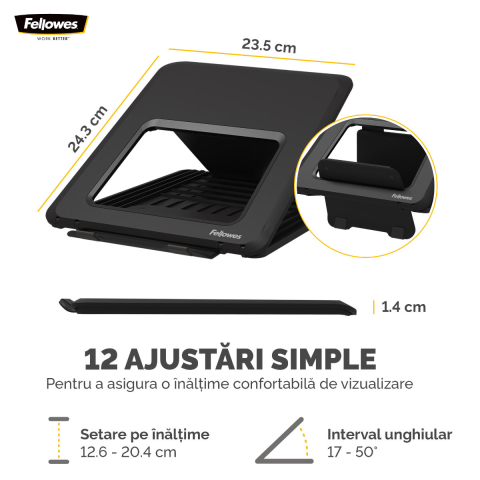 Suport ergonomic pentru laptop, Fellowes Breyta, pliabil, 12 pozitii de inaltime, suporta laptop pana la 14 inch (4 kg), pentru birou si mobil [2]
