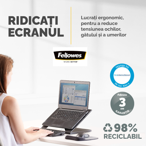 Suport ergonomic pentru laptop, Fellowes Designer Suites, reglabil pe 4 inaltimi, inclinare pana la 30 grade, pentru laptop pana la 17 inch (11.3 kg), negru [3]