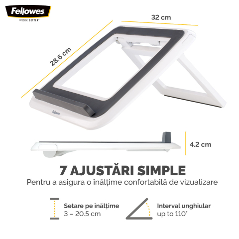 Suport ergonomic pentru laptop, Fellowes I-Spire Quick-Lift, 7 unghiuri reglabile, pliabil, pentru laptop pana la 17 inch (4.5 kg), alb [1]