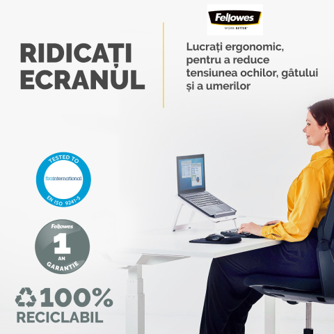 Suport ergonomic pentru laptop, Fellowes I-Spire Quick-Lift, 7 unghiuri reglabile, pliabil, pentru laptop pana la 17 inch (4.5 kg), alb [2]