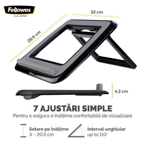 Suport ergonomic pentru laptop, Fellowes I-Spire Quick-Lift, 7 unghiuri reglabile, pliabil, pentru laptop pana la 17 inch (4.5 kg), negru [1]