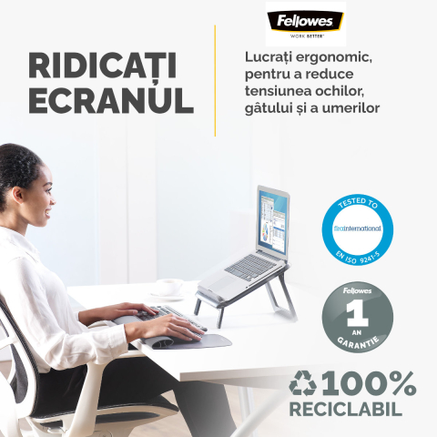 Suport ergonomic pentru laptop, Fellowes I-Spire Quick-Lift, 7 unghiuri reglabile, pliabil, pentru laptop pana la 17 inch (4.5 kg), negru [2]