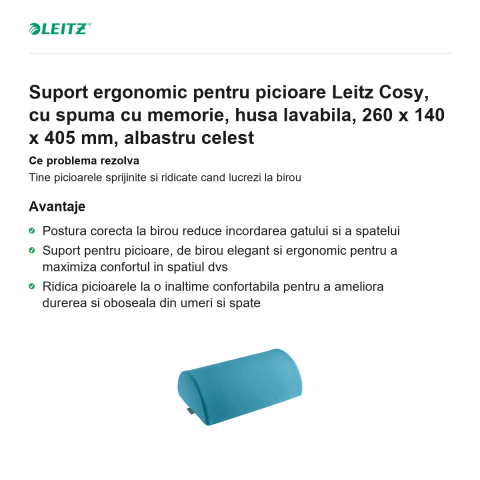 Suport ergonomic pentru picioare Leitz Cosy, cu spuma cu memorie, husa lavabila, 260 x 140 x 405 mm, albastru celest [1]