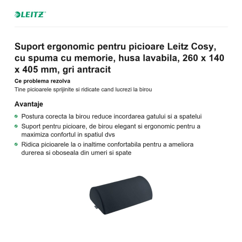 Suport ergonomic pentru picioare Leitz Cosy, cu spuma cu memorie, husa lavabila, 260 x 140 x 405 mm, gri antracit [1]