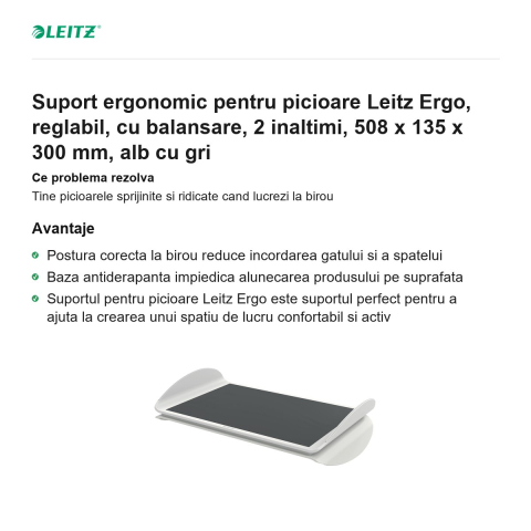 Suport ergonomic pentru picioare Leitz Ergo, reglabil, cu balansare, 2 inaltimi, 508 x 135 x 300 mm, alb cu gri [1]