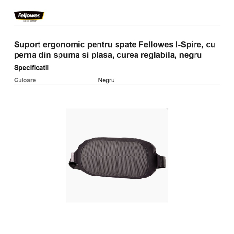 Suport ergonomic pentru spate Fellowes I-Spire, cu perna din spuma si plasa, curea reglabila, negru [2]