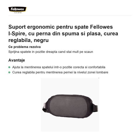 Suport ergonomic pentru spate Fellowes I-Spire, cu perna din spuma si plasa, curea reglabila, negru [1]