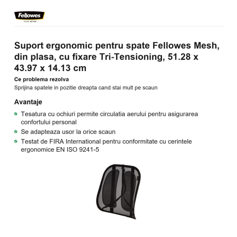 Suport ergonomic pentru spate Fellowes Mesh, din plasa, cu fixare Tri-Tensioning, 51.28 x 43.97 x 14.13 cm [1]