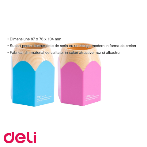 Suport instrumente de scris Deli, design creion, culori roz si albastru, pentru birou si scoala [2]