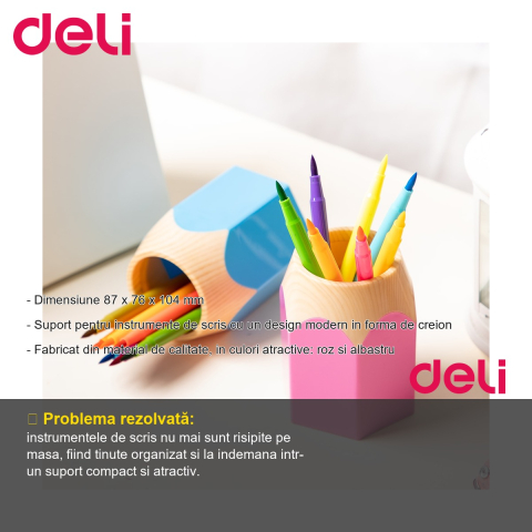 Suport instrumente de scris Deli, design creion, culori roz si albastru, pentru birou si scoala [1]