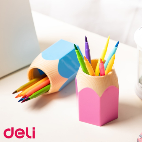 Suport instrumente de scris Deli, design creion, roz, pentru birou si masa de lucru [3]