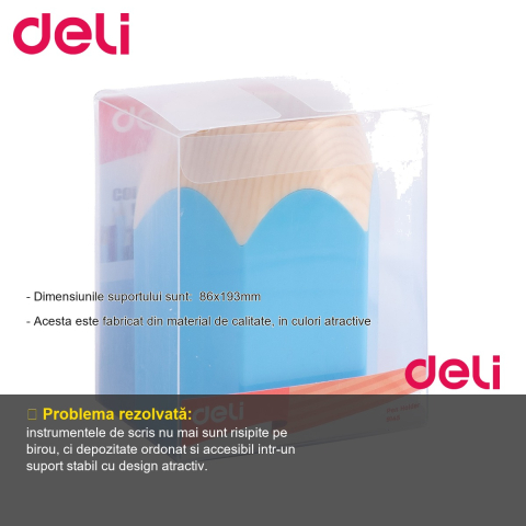 Suport instrumente de scris Deli, design forma creion, culoare albastra, pentru birou [1]