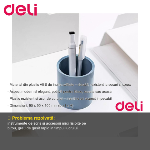 Suport instrumente de scris Deli Nusign, organizator birou din plastic ABS, culoare gri, design compact si modern [1]