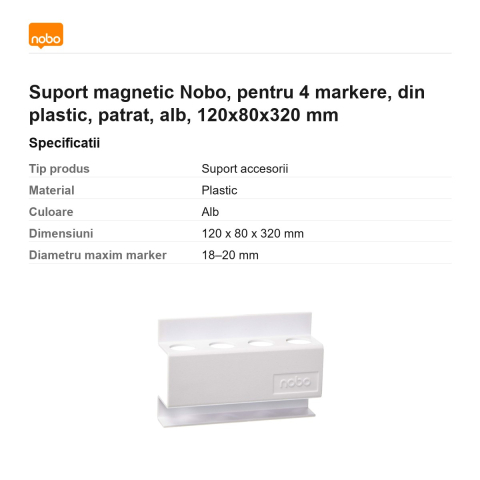 Suport magnetic Nobo, pentru 4 markere, din plastic, patrat, alb, 120x80x320 mm [2]