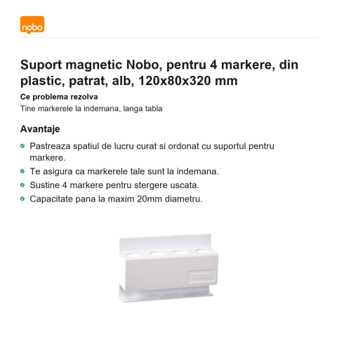 Suport magnetic Nobo, pentru 4 markere, din plastic, patrat, alb, 120x80x320 mm [1]