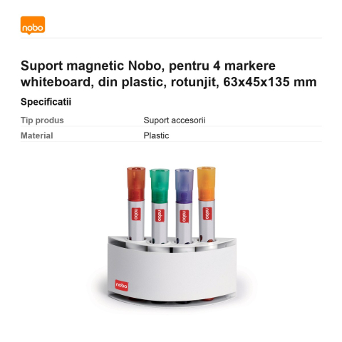 Suport magnetic Nobo, pentru 4 markere whiteboard, din plastic, rotunjit, 63x45x135 mm [2]
