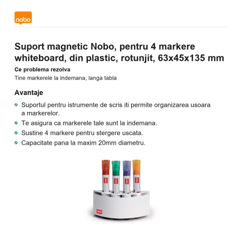 Suport magnetic Nobo, pentru 4 markere whiteboard, din plastic, rotunjit, 63x45x135 mm [1]