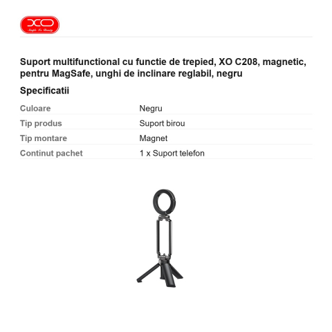 Suport multifunctional cu functie de trepied, XO C208, magnetic, pentru MagSafe, unghi de inclinare reglabil, negru [2]