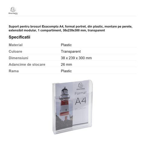 Suport pentru brosuri Exacompta A4, format portret, din plastic, montare pe perete, extensibil modular, 1 compartiment, 38x239x300 mm, transparent [2]