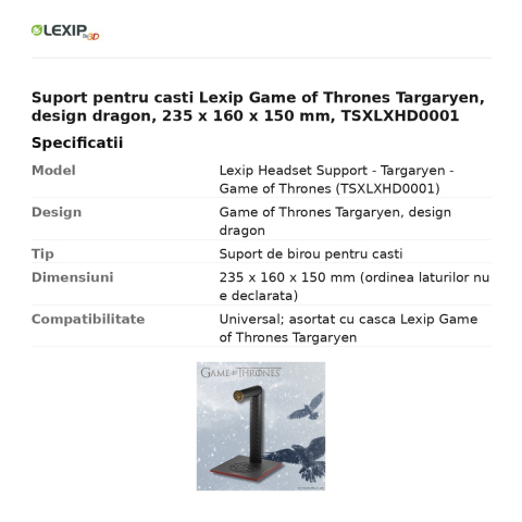 Suport pentru casti Lexip Game of Thrones Targaryen, design dragon, 235 x 160 x 150 mm, TSXLXHD0001 [2]