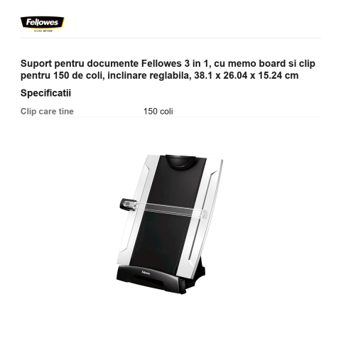 Suport pentru documente Fellowes 3 in 1, cu memo board si clip pentru 150 de coli, inclinare reglabila, 38.1 x 26.04 x 15.24 cm [2]