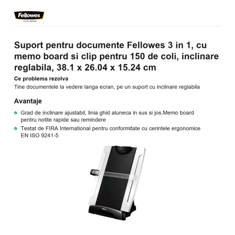 Suport pentru documente Fellowes 3 in 1, cu memo board si clip pentru 150 de coli, inclinare reglabila, 38.1 x 26.04 x 15.24 cm [1]