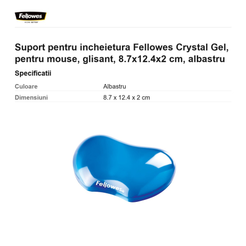 Suport pentru incheietura Fellowes Crystal Gel, pentru mouse, glisant, 8.7x12.4x2 cm, albastru [2]